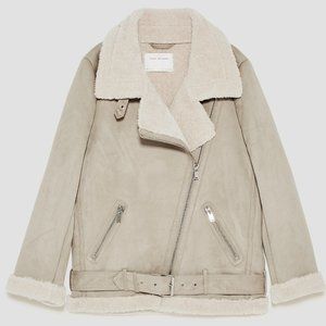 ZARA WOMAN TAN FULLY LINED FAUX SHEARLING LEATHER BIKER JACKET
